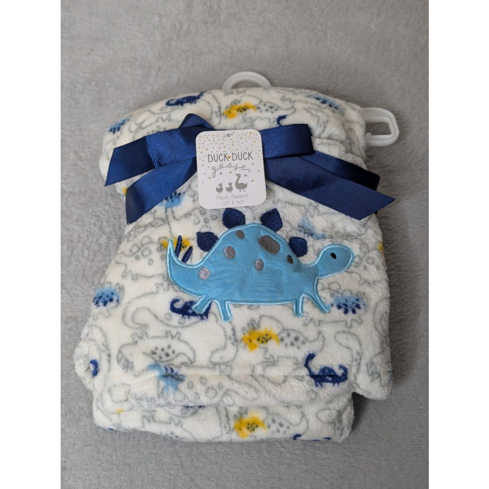 Duck Duck Goose Baby Blanket White Blue Dinosaur Plush One Size New